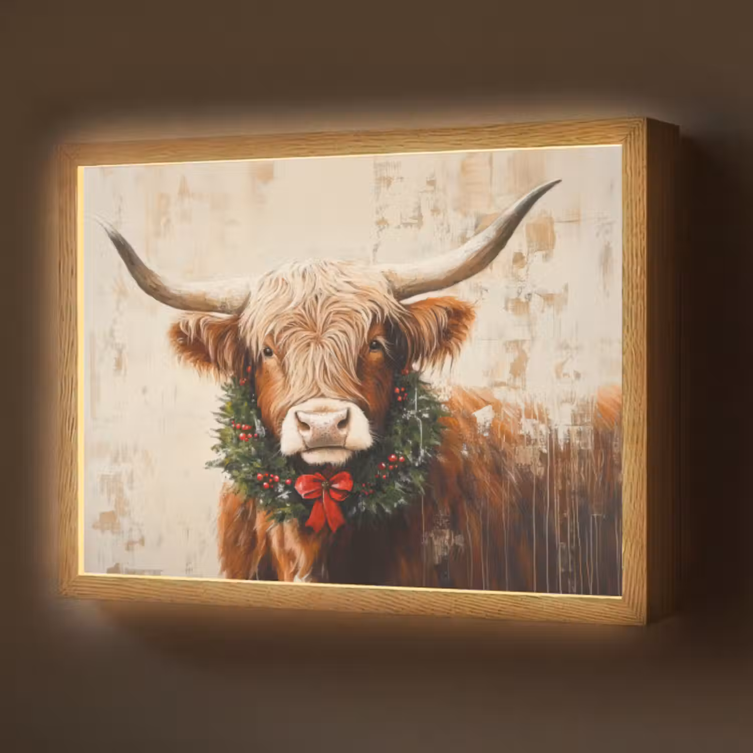 Lightbox - Wandlamp - Kerst - Schotse Hooglander - Bruin - Krans
