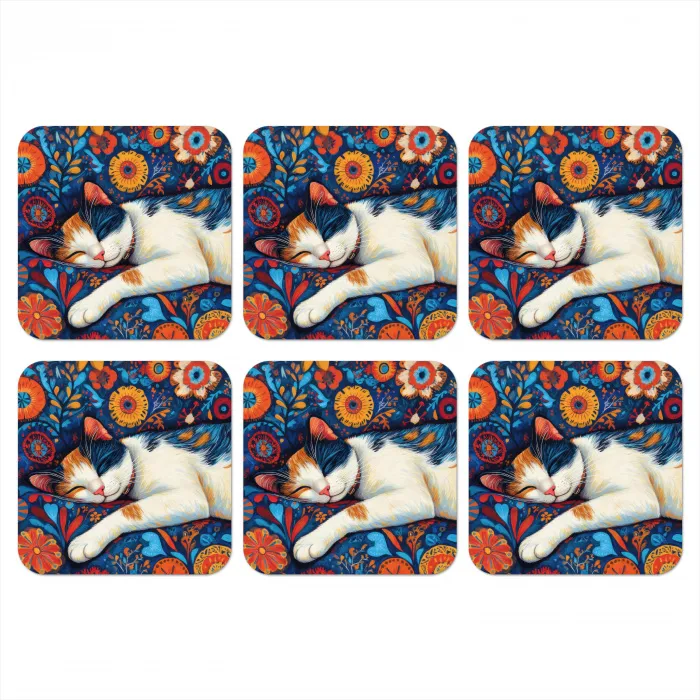 Kat - Bloemenpatroon - Blauw - Oranje onderzetter kurk middel -3d