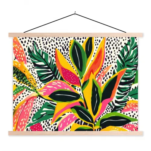 Tropisch - Bladeren - Zwart - wit textielposter latten blank klein -3d