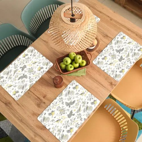 Birds - Flowers - Gray - Yellow Placemat vinyl groot 368 -zzsfeer5_Kitchenyeah-website