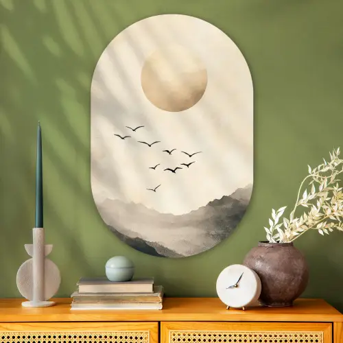 Landschap - Japandi - vogel Wandcirkel Ovaal Glas middel -sfeer2
