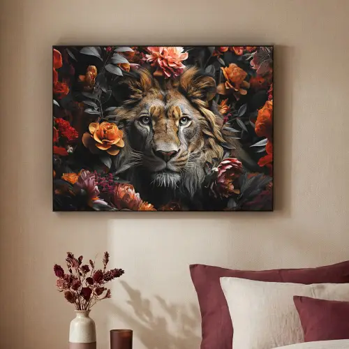 Leeuw - Dier - Natuur - Bloemen - Botanisch Textielframe zwart klein -sfeer1