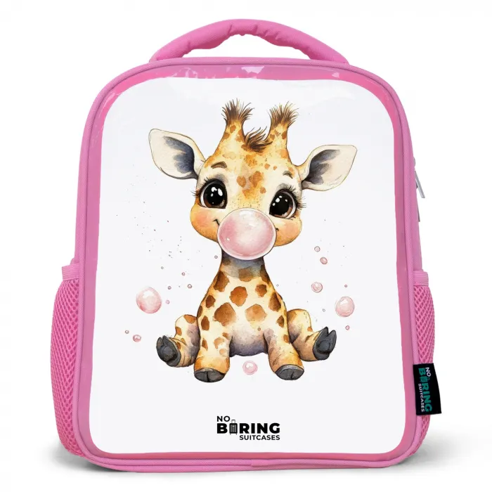 Giraffe met roze kauwgombal Kinderrugzak - Roze middel -3d