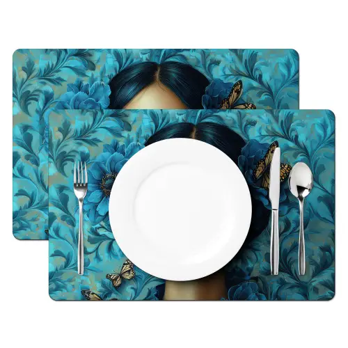 Vrouw - Bloemen - Vlinders - Blauw - Abstract Placemat vinyl groot -zzsfeer2_Kitchenyeah-website