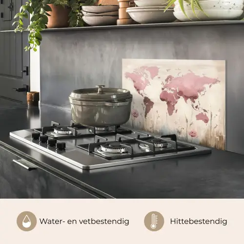 Wereldkaart - Roze - Bloemen keuken achterwand spatscherm klein -usp_NL