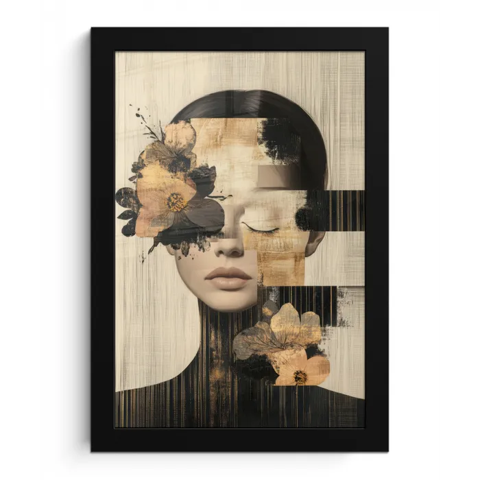 Gezicht - Bloemen - Zwart - Vrouw fotolijst zwart zonder passe partout klein -3d