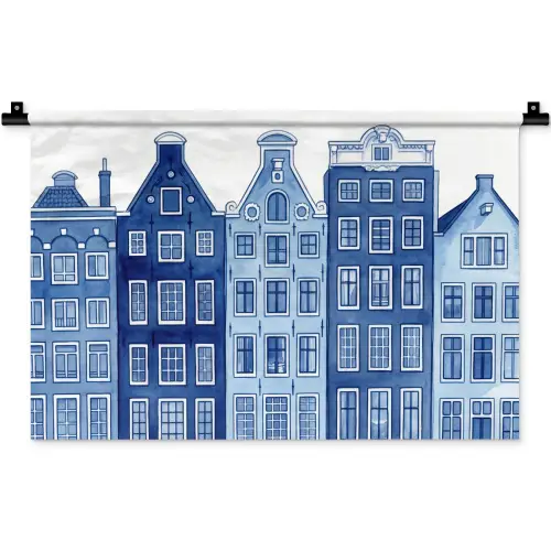 Aquarel - Grachtenpanden - Delfts - Blauw Wandkleed katoen klein -zz3d