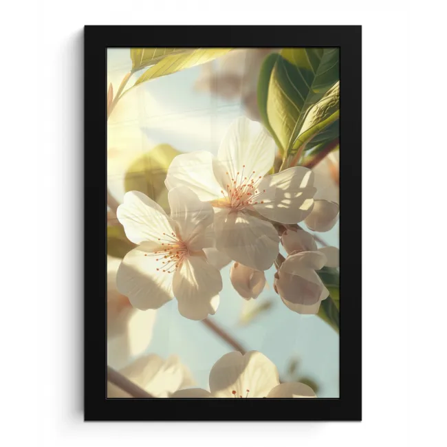 Bloesems - Wit - Zonnestralen -  Bloemblaadjes fotolijst zwart zonder passe partout klein -3d