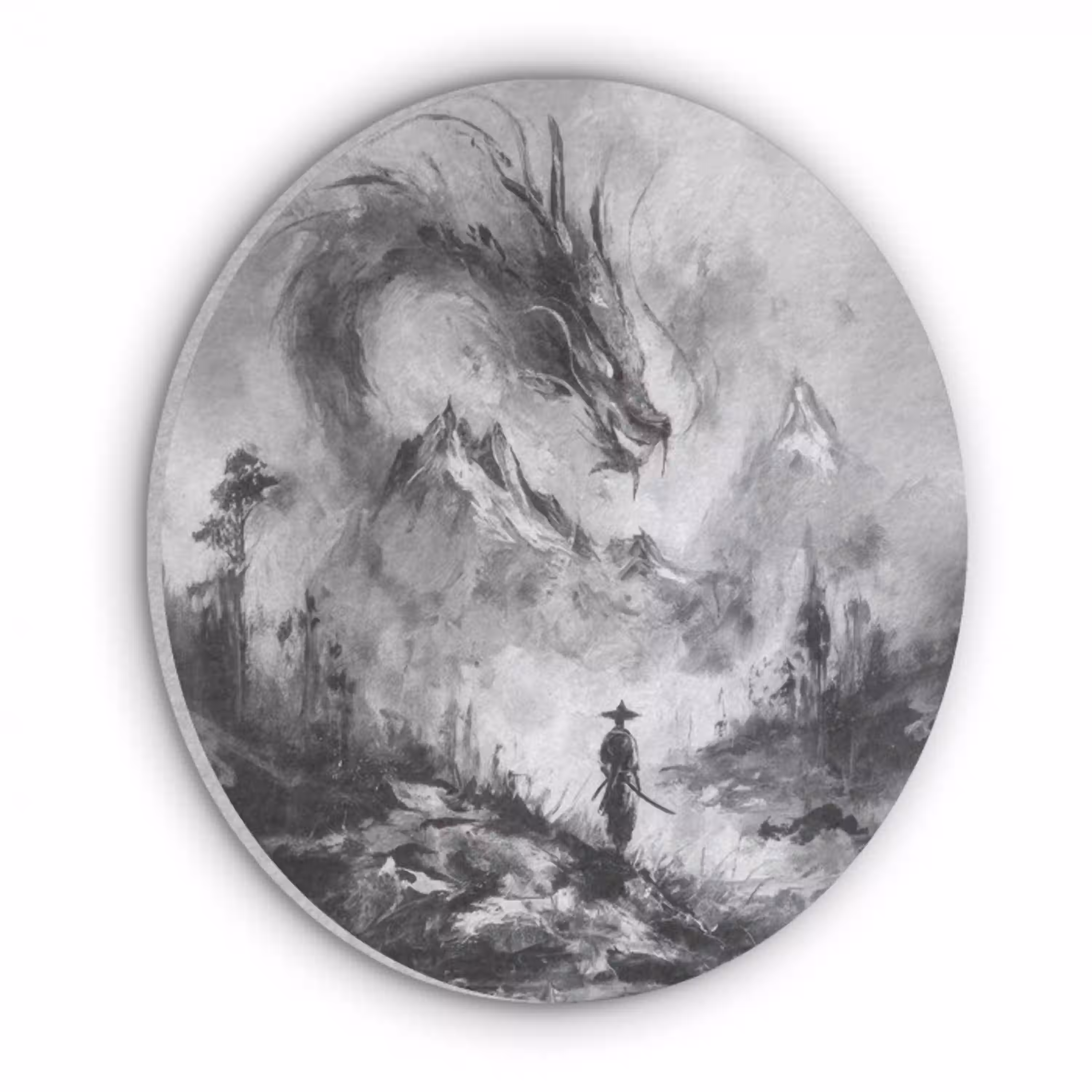 Krijger - Draak - Grijs Akoestische PET Vilt - Rond klein -3d