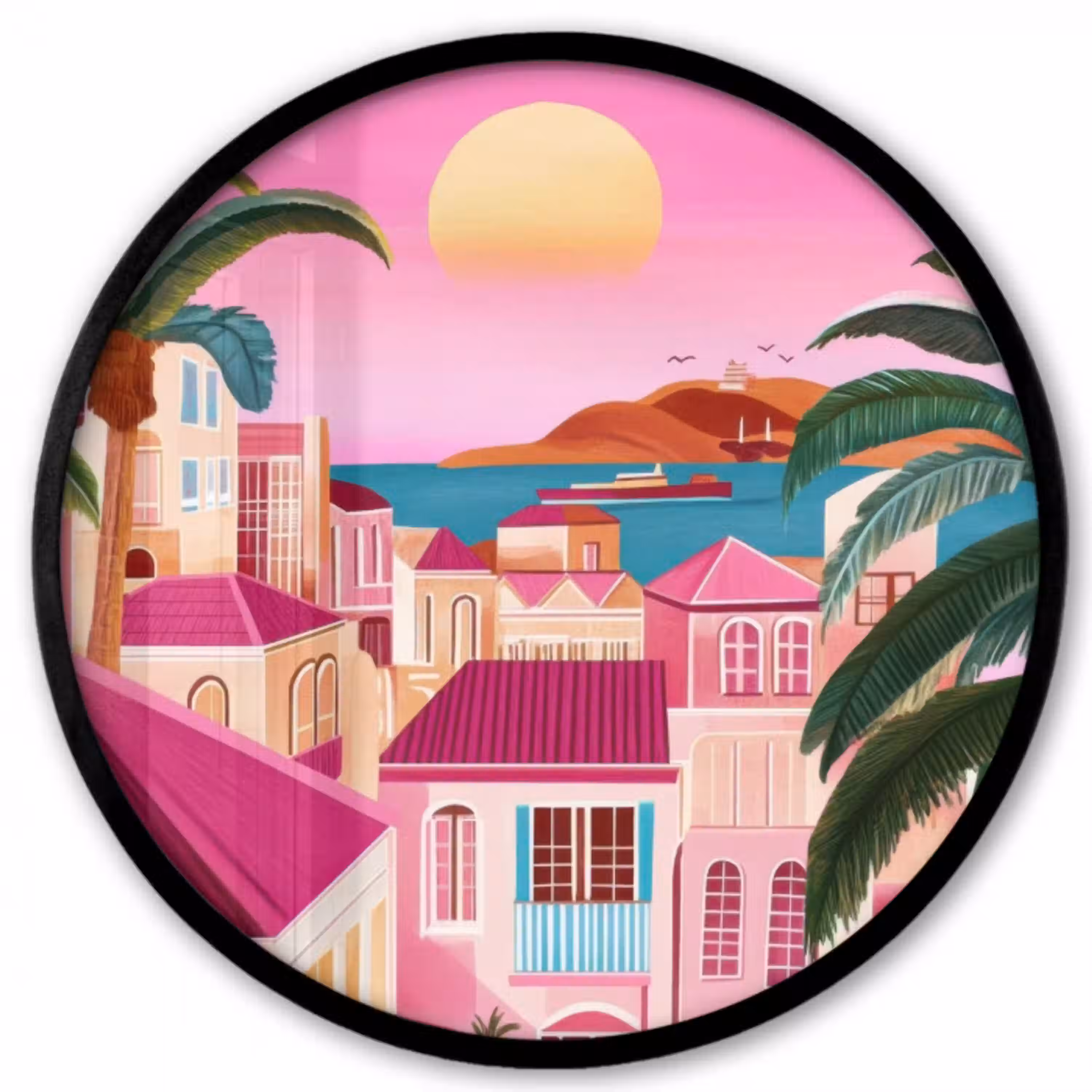 Stad - Roze - Palmbomen Fotolijst rond zonder passe partout klein -3d
