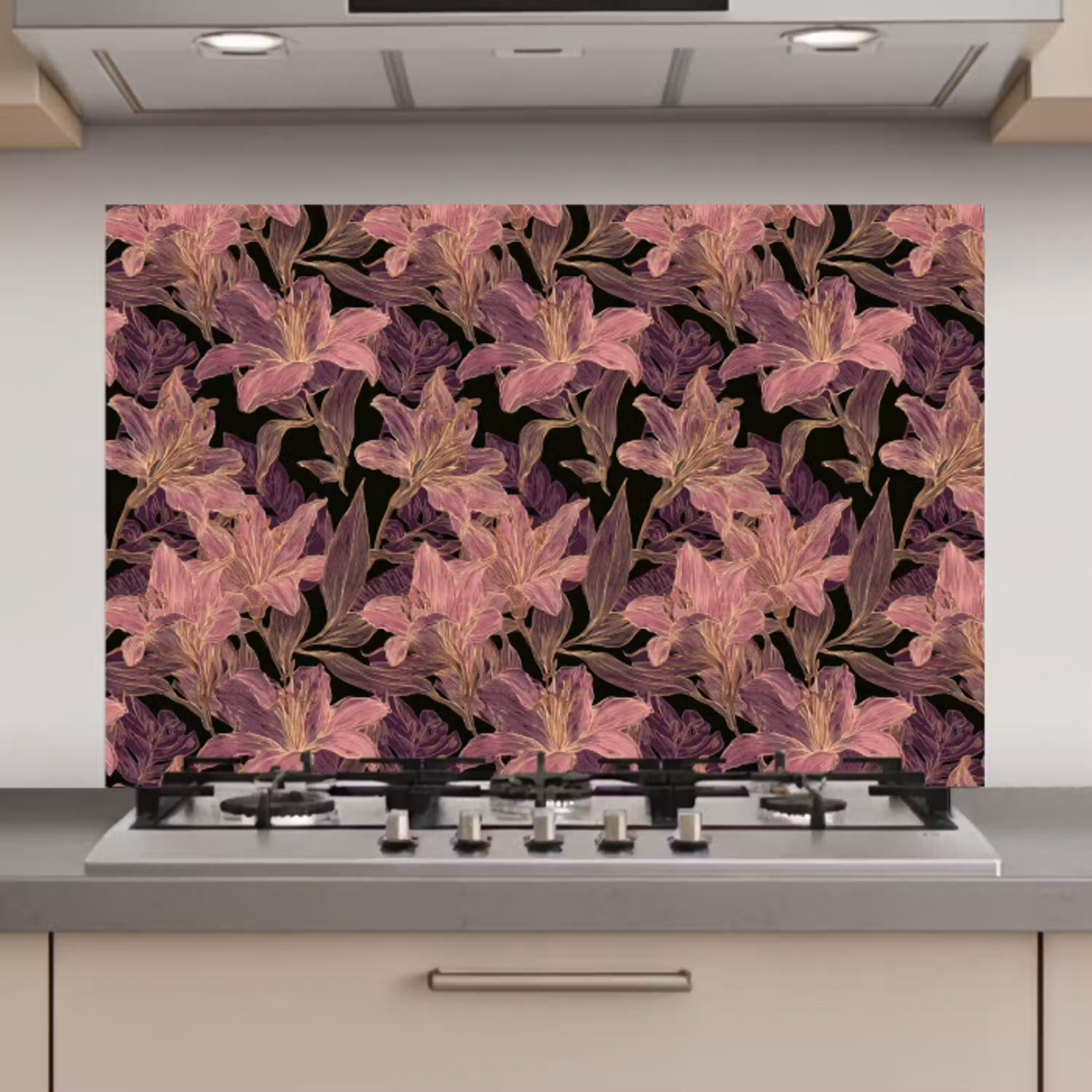 Lelies - Patroon - Paars - Goud keuken achterwand spatscherm klein 900 -3d_website