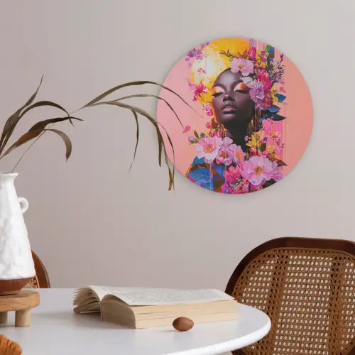 Kleurrijk - Bloemen - Vrouw - Zon Akoestische PET Vilt - Rond klein -sfeer3