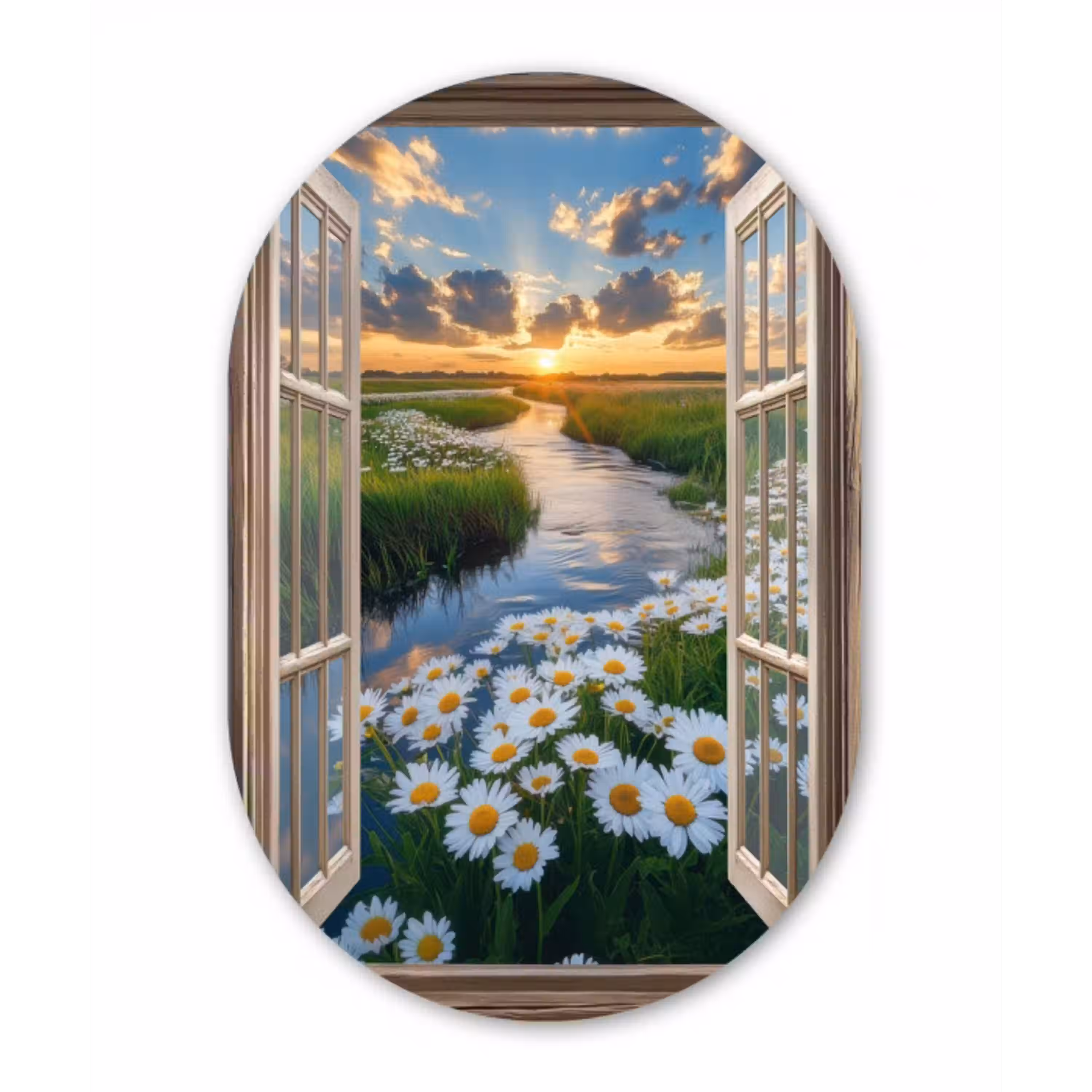 Doorkijk - Landschap - Raam - Water - Zonsondergang Wandcirkel Ovaal Glas middel -3d
