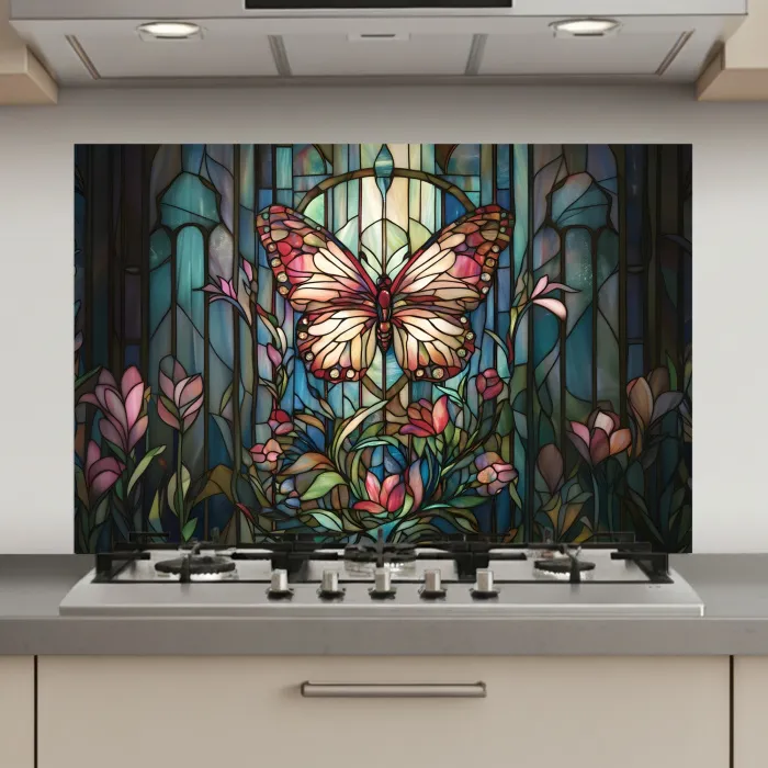 Vlinder - Roze - Bloemen - Bladeren keuken achterwand spatscherm klein -3d_website