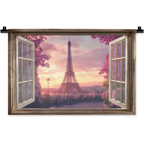 Doorkijk - Parijs - Eiffeltoren - Roze - Kersenbloesem Wandkleed katoen klein -zz3d