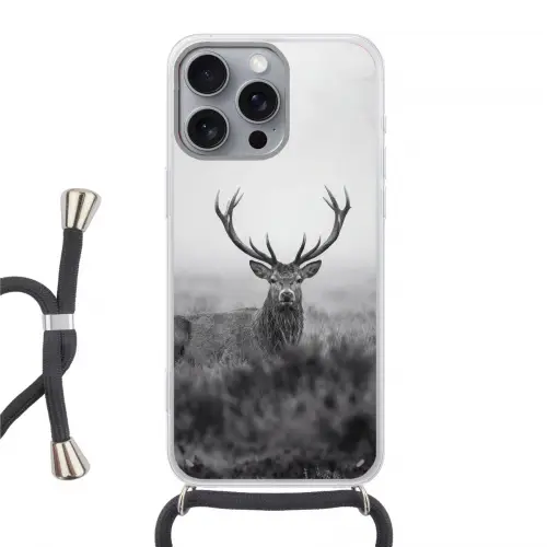 Hert - Mistig - Zwart - Wit Hoesje iPhone 16 Pro Max met koord klein -3d