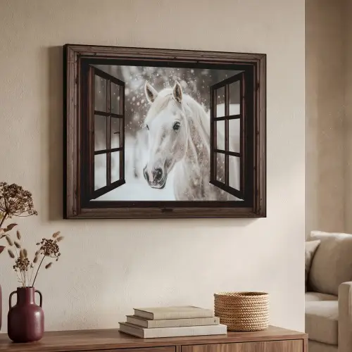 Doorkijk - Paard - Wit - Winterlandschap - Sneeuw Textielframe - compleet frame klein -sfeer3