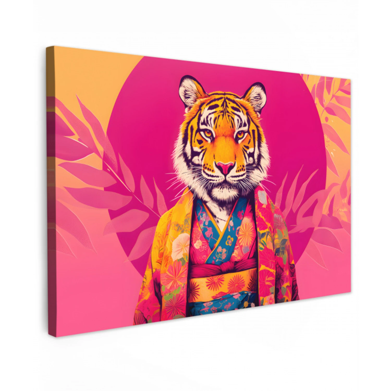 Tijger - Kimono - Planten - Roze Tuinposter op houten frame 2 cm dik klein -3d