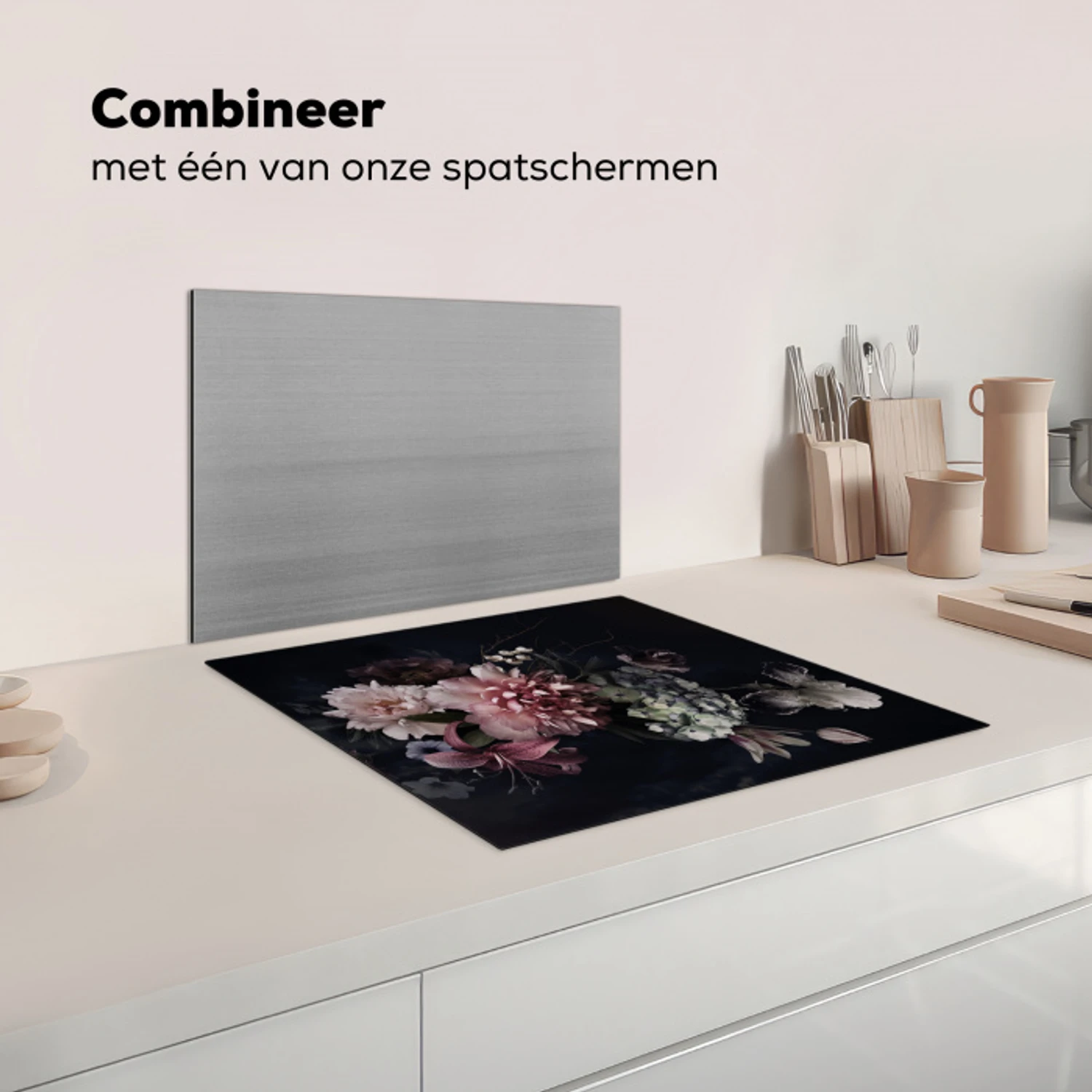 Bloemen - Vintage - Pastel - Zwart - Boeket Inductie beschermer vinyl 3mm middel -wsfeer7_website