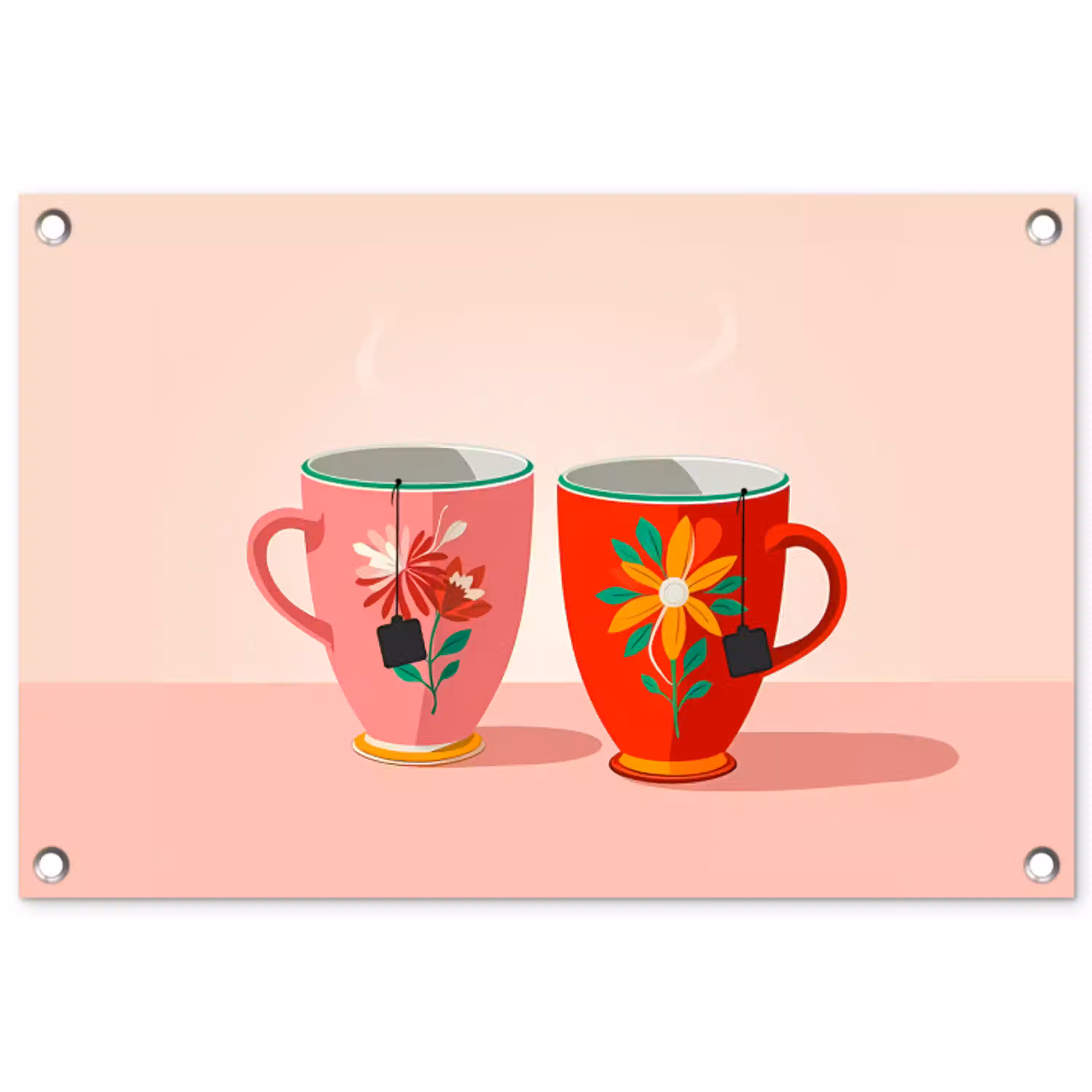 Theekopjes - Bloemmotieven - Roze - Theezakjes tuinposter los doek klein -3d