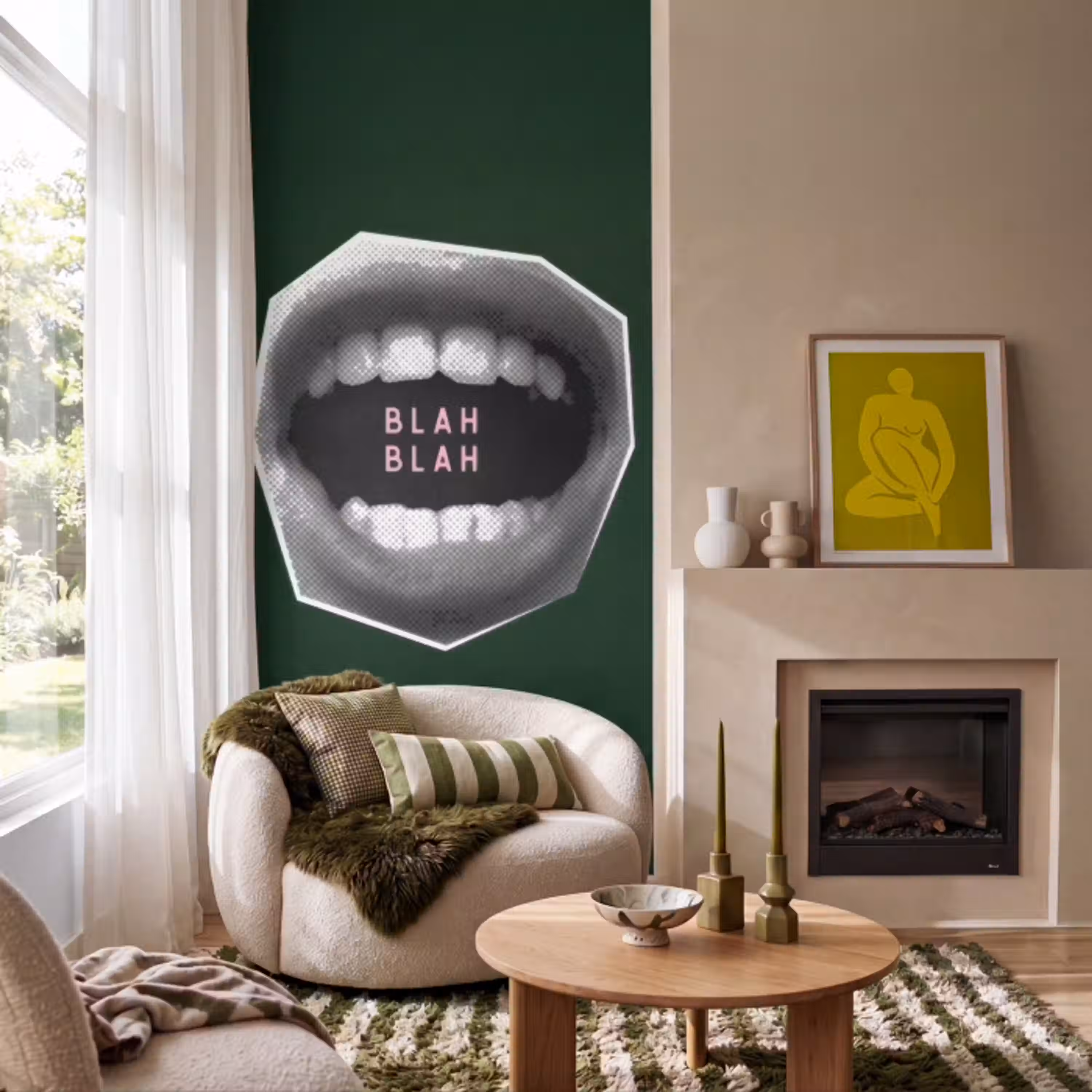 Mond - Groen - Illustratie - BLAH BLAH Behang Vlies klein -sfeer2