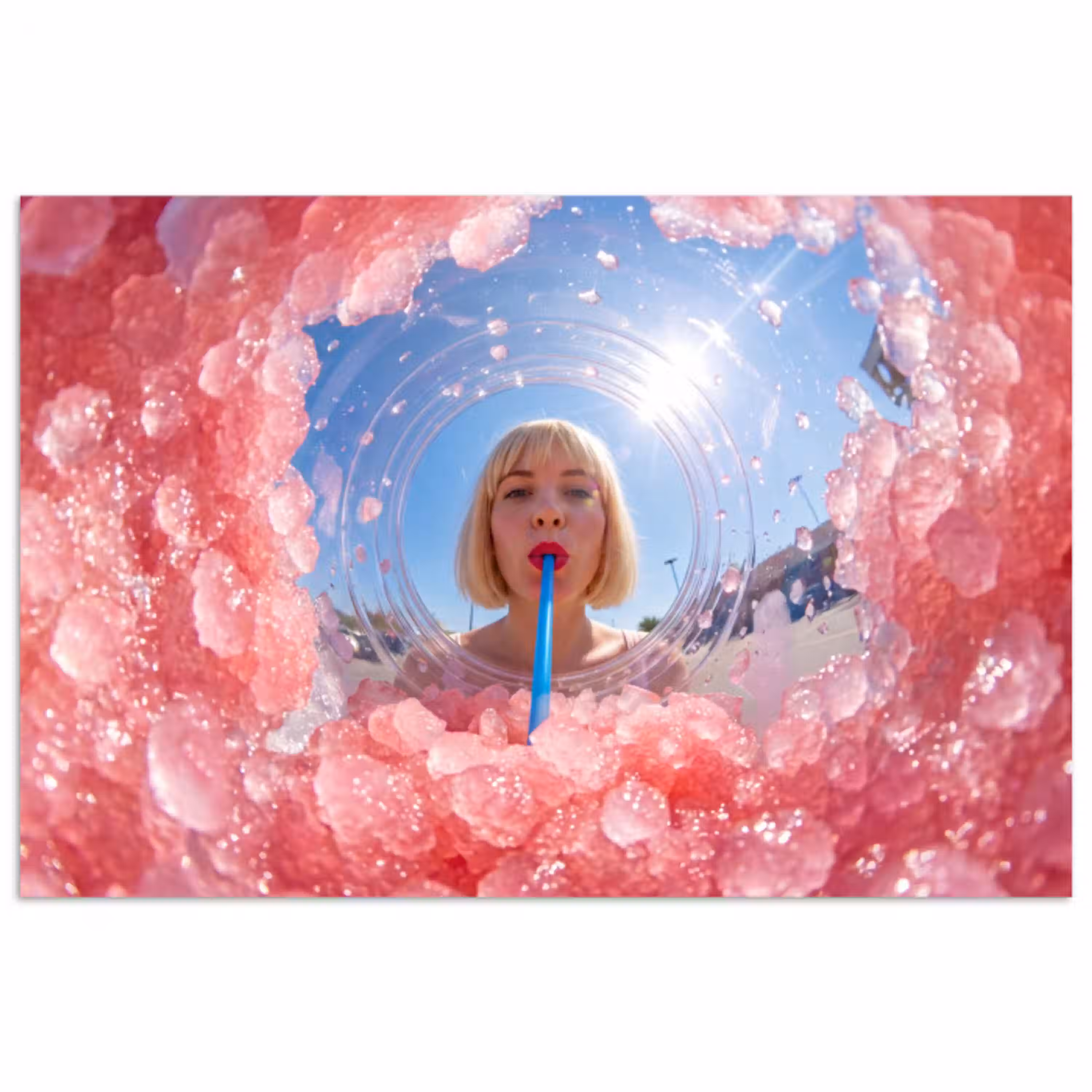Vrouw - Drank - Zomer - Roze - Blauw poster papier klein -3d