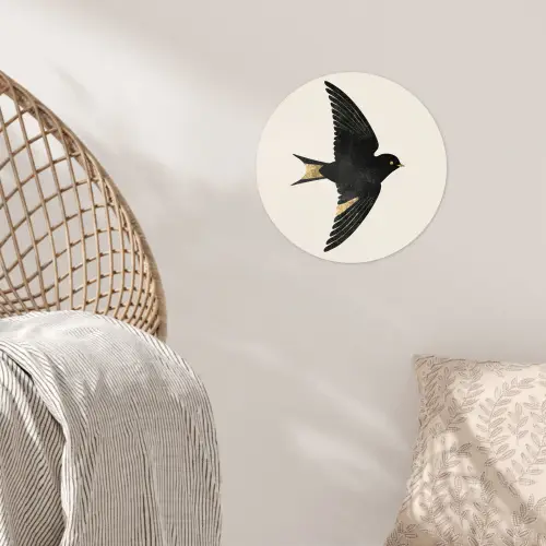Zwarte zwaluw - Gouden accenten - Lichte achtergrond Wandcirkel behangsticker klein -sfeer4