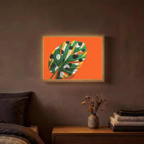 Blad - Oranje - Stippen - Kleurrijk Light Box met batterij (Wandlamp) middel -sfeer4