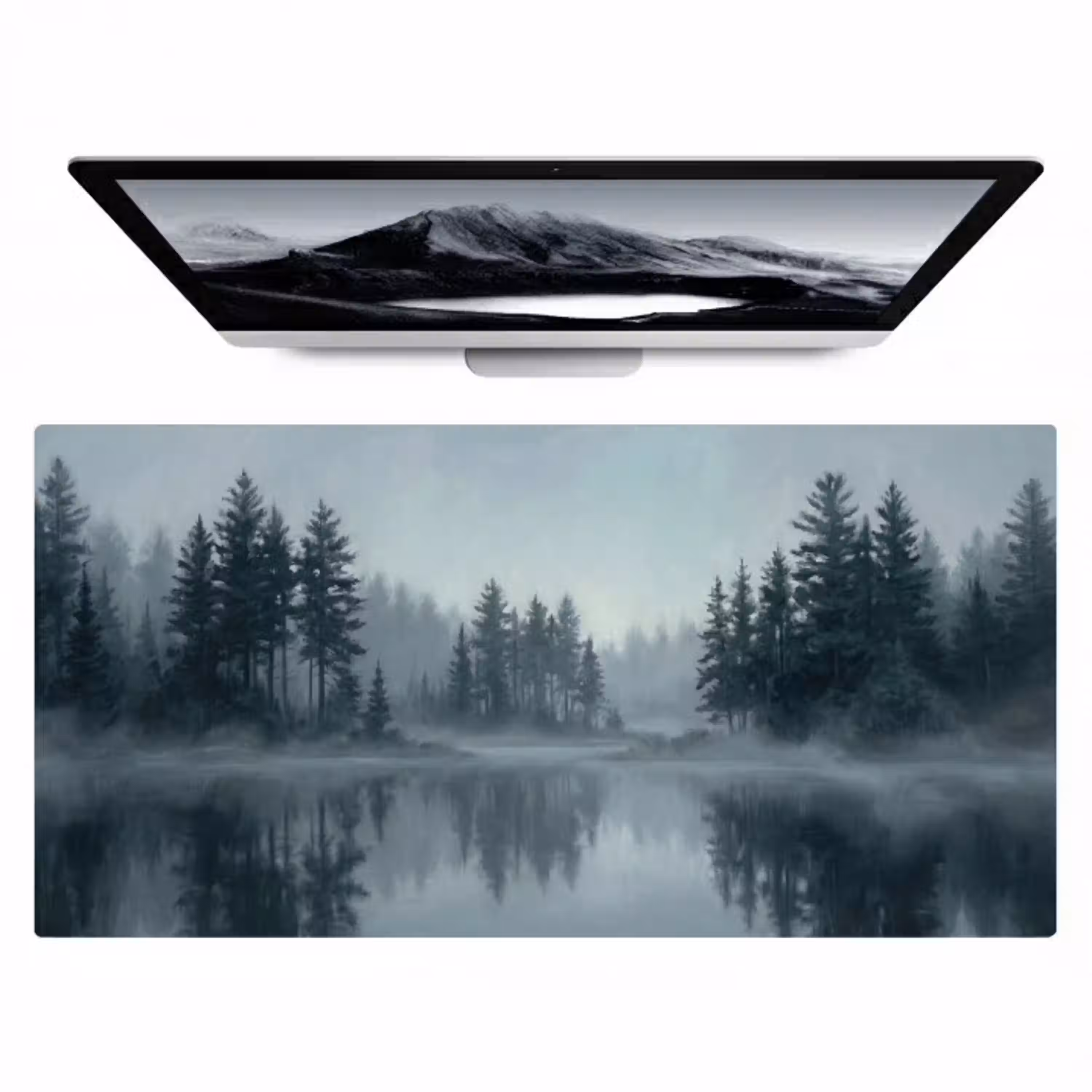 Bos - Meer - Mist - Natuur - Grijs Muismat XXL klein -zzz3d