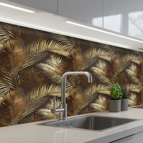 Tropisch - Bladeren - Goud keuken achterwand 2 middel 871 -3d_schuin