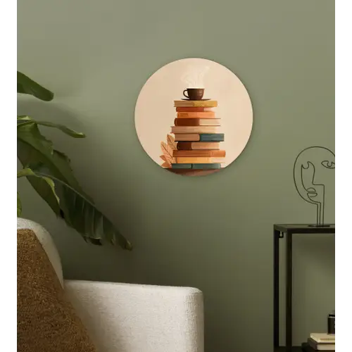 Boeken - Toren - Koffie - Beige Wandcirkel kunststof plaat 5mm dik klein -sfeer3