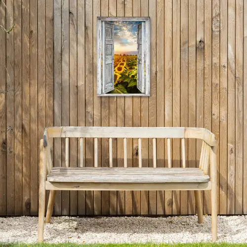 Oude deuren naar zonnebloemveld Tuinposter op houten frame 2 cm dik klein -sfeer4