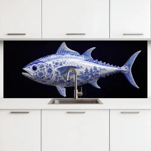 Porselein - Tonijn - Delfts - Blauw keuken achterwand 2 middel -3d