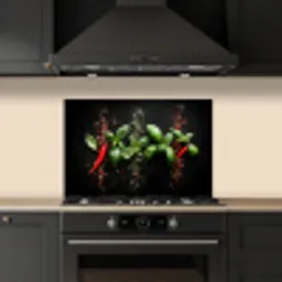 Chilipepers - Basilicum - Blaadjes - Rood keuken achterwand spatscherm klein -sfeer1