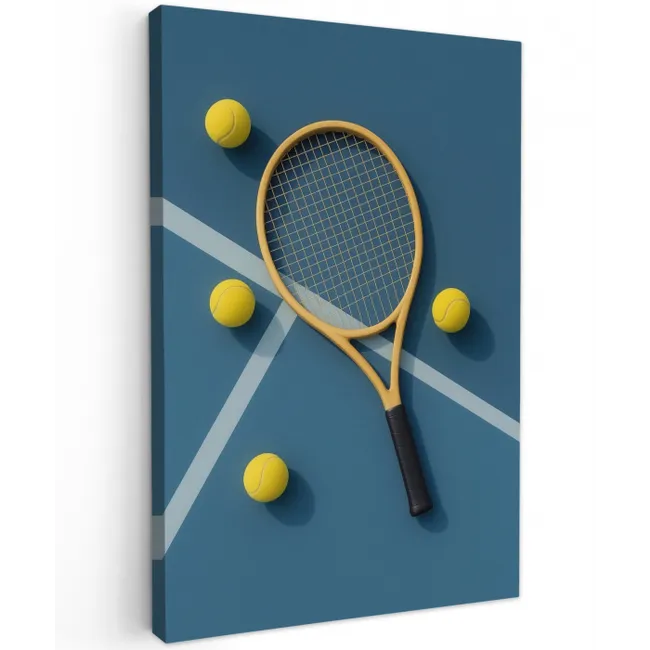 Tennisracket - Bal - Blauw - Veld Tuinposter op houten frame 2 cm dik middel -3d