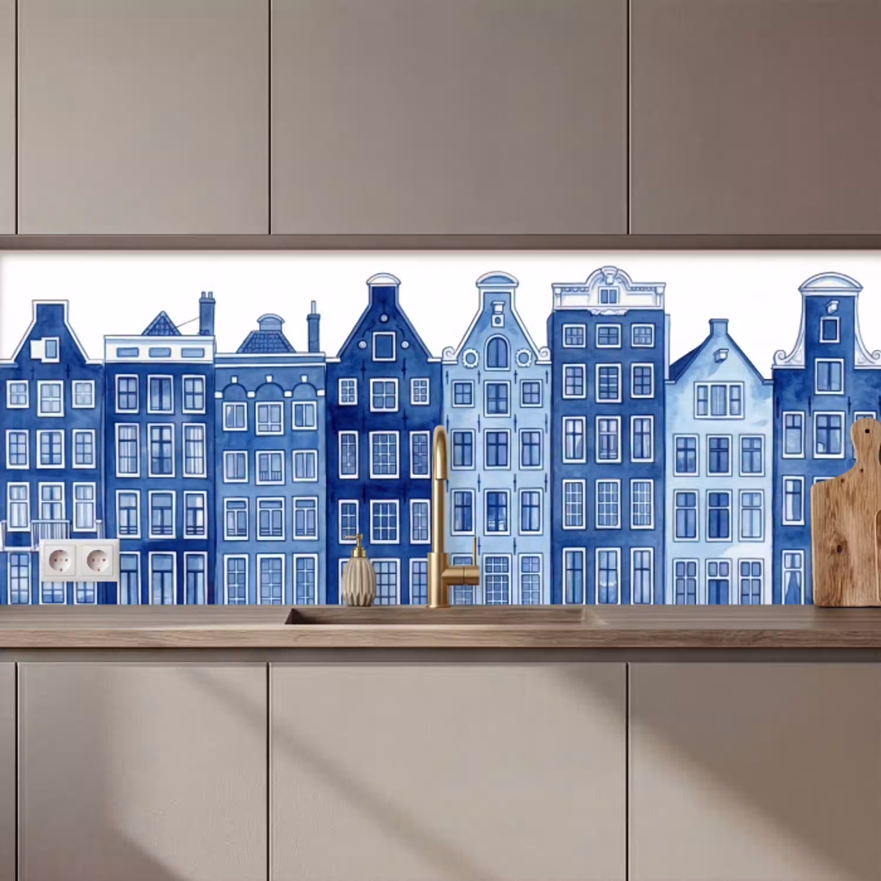 Aquarel - Grachtenpanden - Delfts - Blauw keuken achterwand 2 middel zz_3dshopping