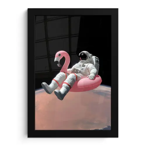 Astronaut - Flamingo - Zwemband - Roze fotolijst zwart zonder passe partout klein -3d