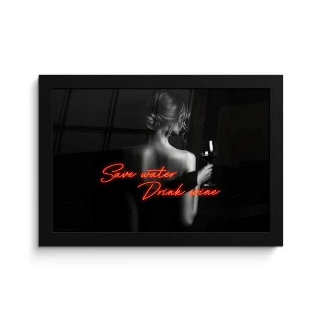 Wijn - Vrouw - Neon - Quote fotolijst zwart zonder passe partout klein -3d