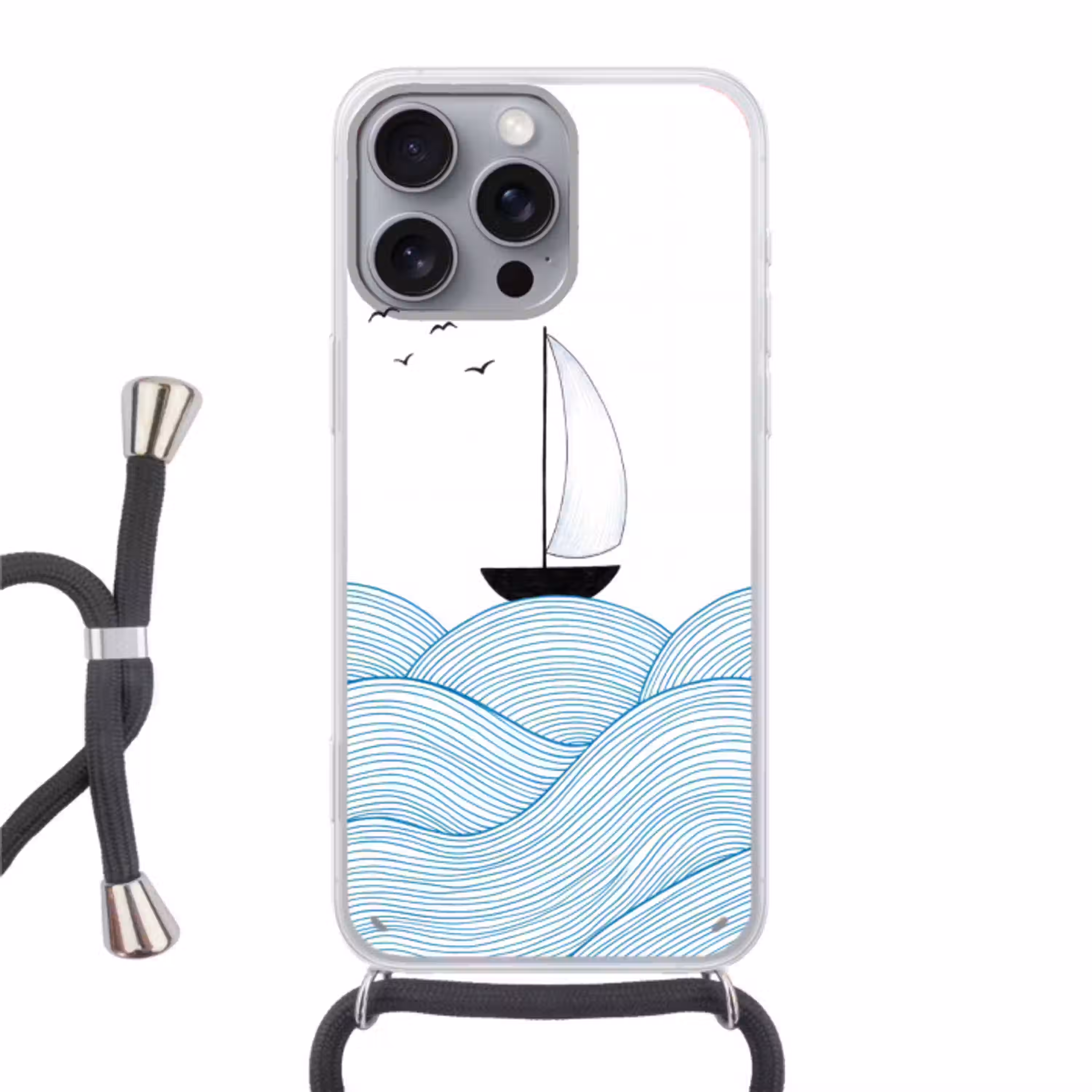 Zeilboot - Golven - Zee - Illustratie - Blauw Hoesje iPhone 16 Pro Max met koord klein -3d