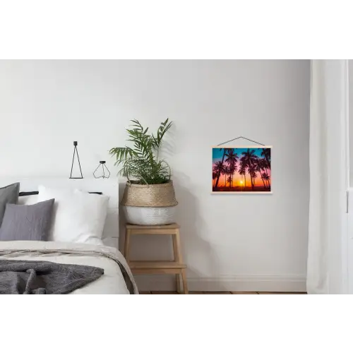 Palmboom - Zonsondergang - Horizon - Strand - Oranje - Roze textielposter latten blank klein -woonkamer