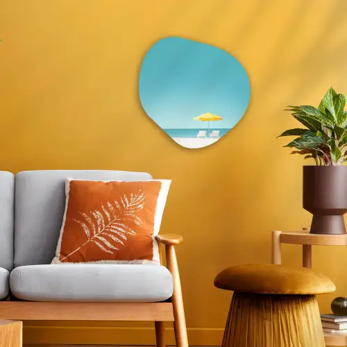 Strand - Blauwe lucht - Geel - Parasol Wandcirkel Organisch Forex 3mm klein -sfeer4