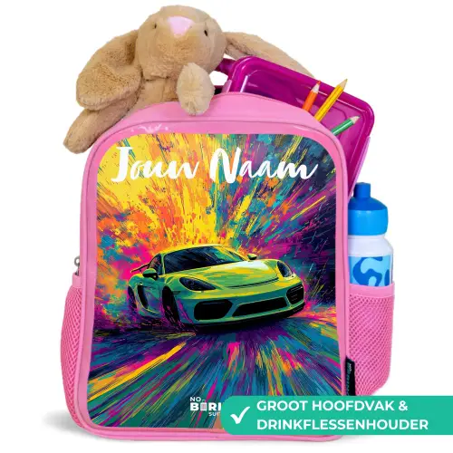 Sportauto - Groen - Verfstrepen - Kleuren Kinderrugzak - Roze middel -inhoud_NL