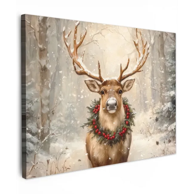 Canvas schilderij - Kerst - Rendier - Winter - Krans