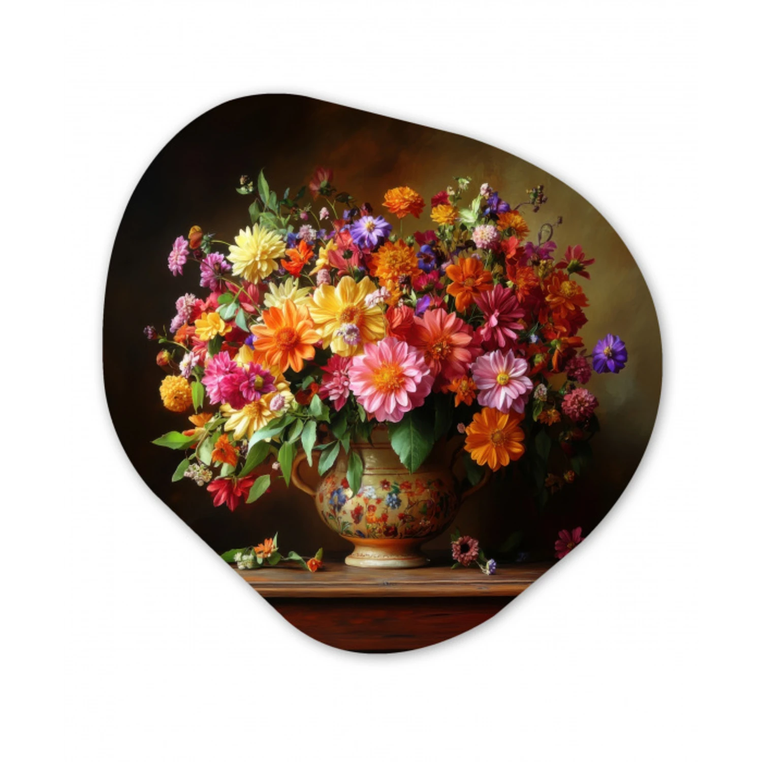 Kleuren - Boeket - Vaas - Hout Wandcirkel Organisch Plexiglas middel -3d