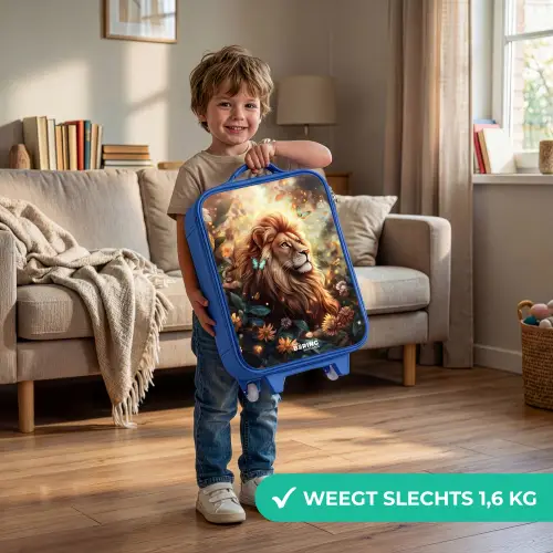 Leeuw met vlinders in bloemrijke jungle Kinderkoffer - Blauw klein -sfeer2_NL