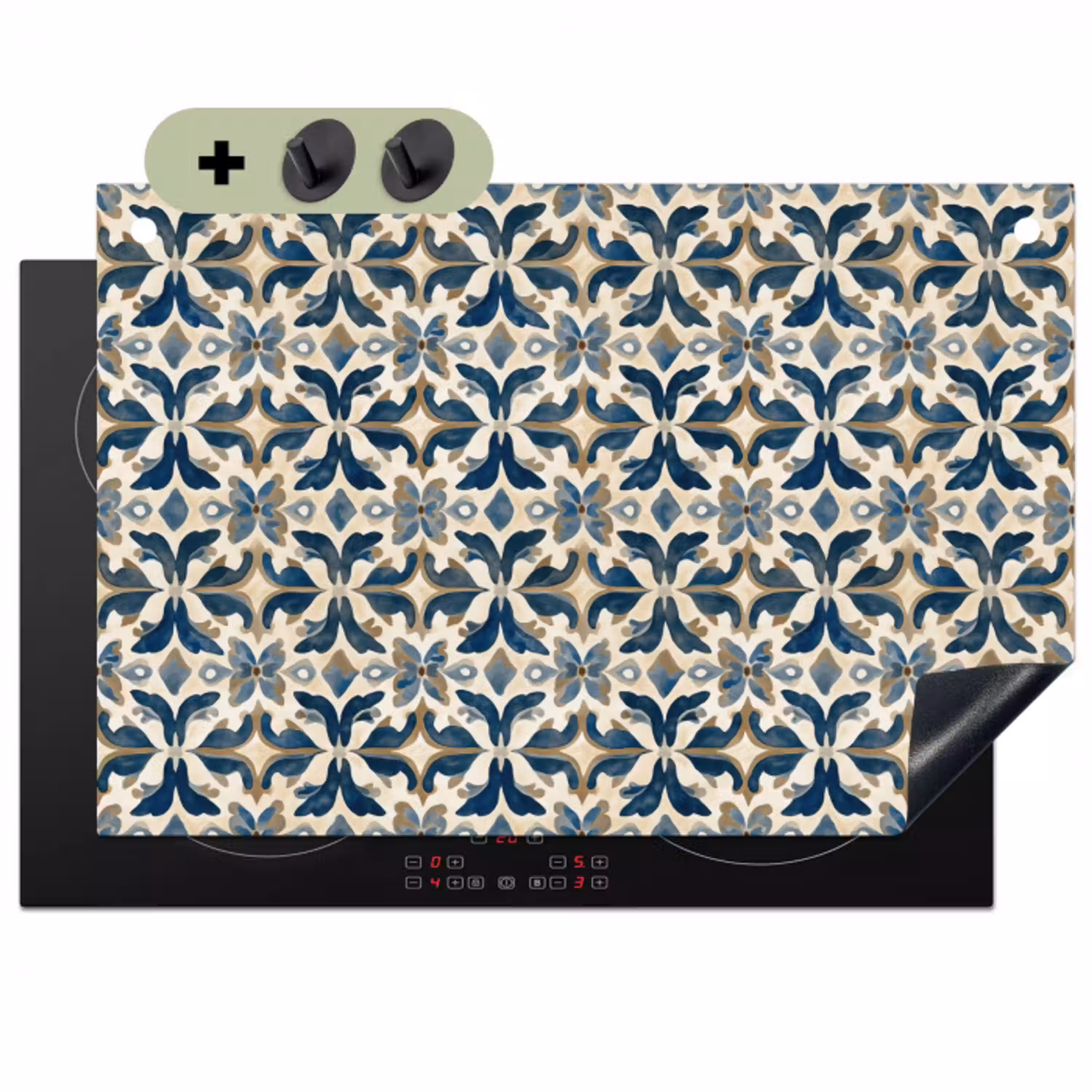 Tegel - Patroon - Blauw - Beige Inductie beschemer met haakjes klein 777 -3d