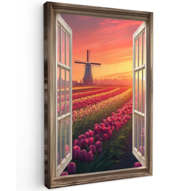 Doorkijk - Tulpen - Zonsondergang - Bloemen - Kleurrijk Tuinposter op houten frame 2 cm dik klein -3d