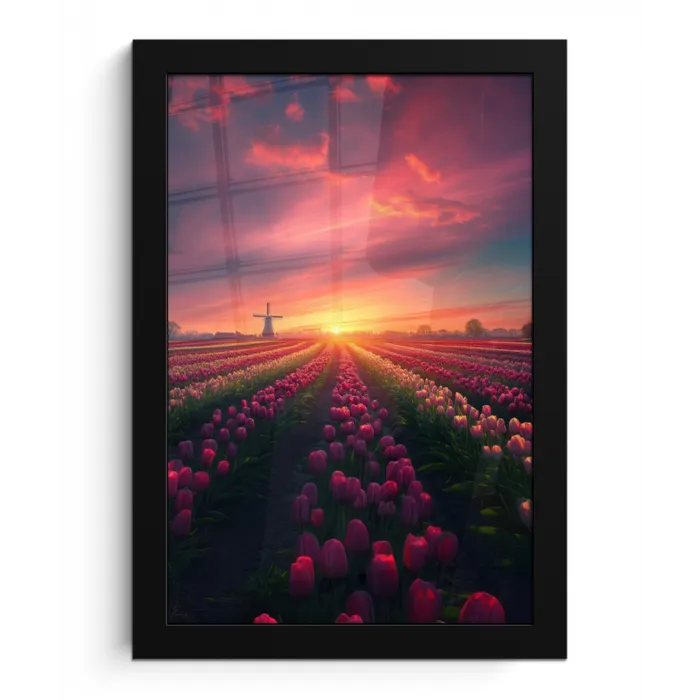 Windmolen - Zonsondergang - Landschap fotolijst zwart zonder passe partout klein -3d