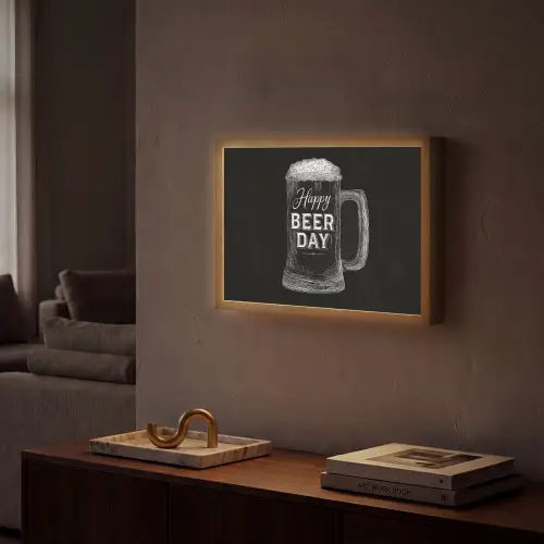 Bierpul - Witte krijtletters - Happy beer day Light Box met batterij (Wandlamp) middel -sfeer1