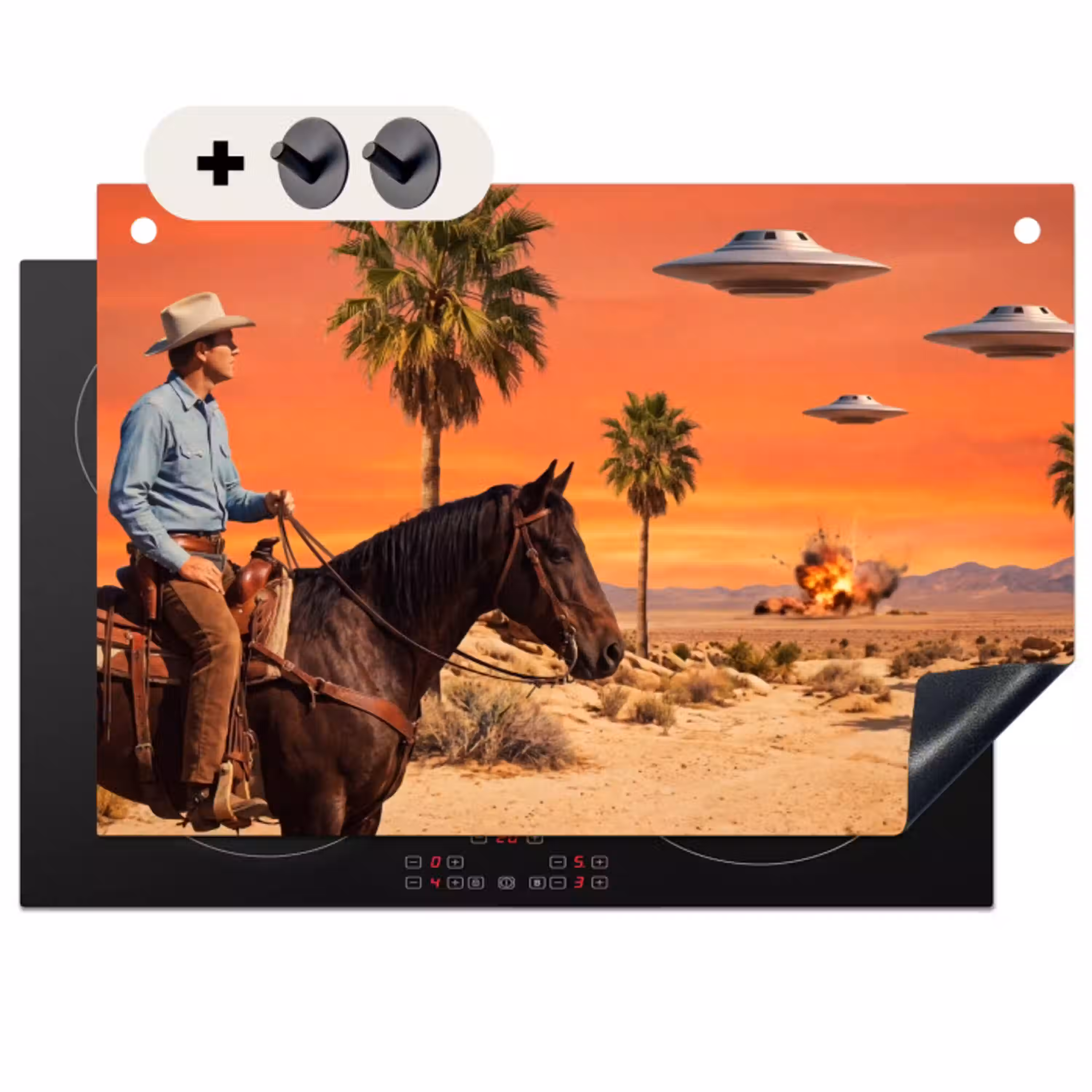 Cowboy - Paard - Woestijn Inductie beschemer met haakjes klein -3d